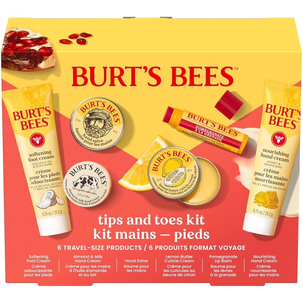 Burt's Bees Gifts Ideas, Tips and Toes Kit, 6 Travel Size Products - Pomegranate Moisturizing Lip Balm, 2 Hand Creams, Foot Cream, Cuticle Cream, and Hand Salve