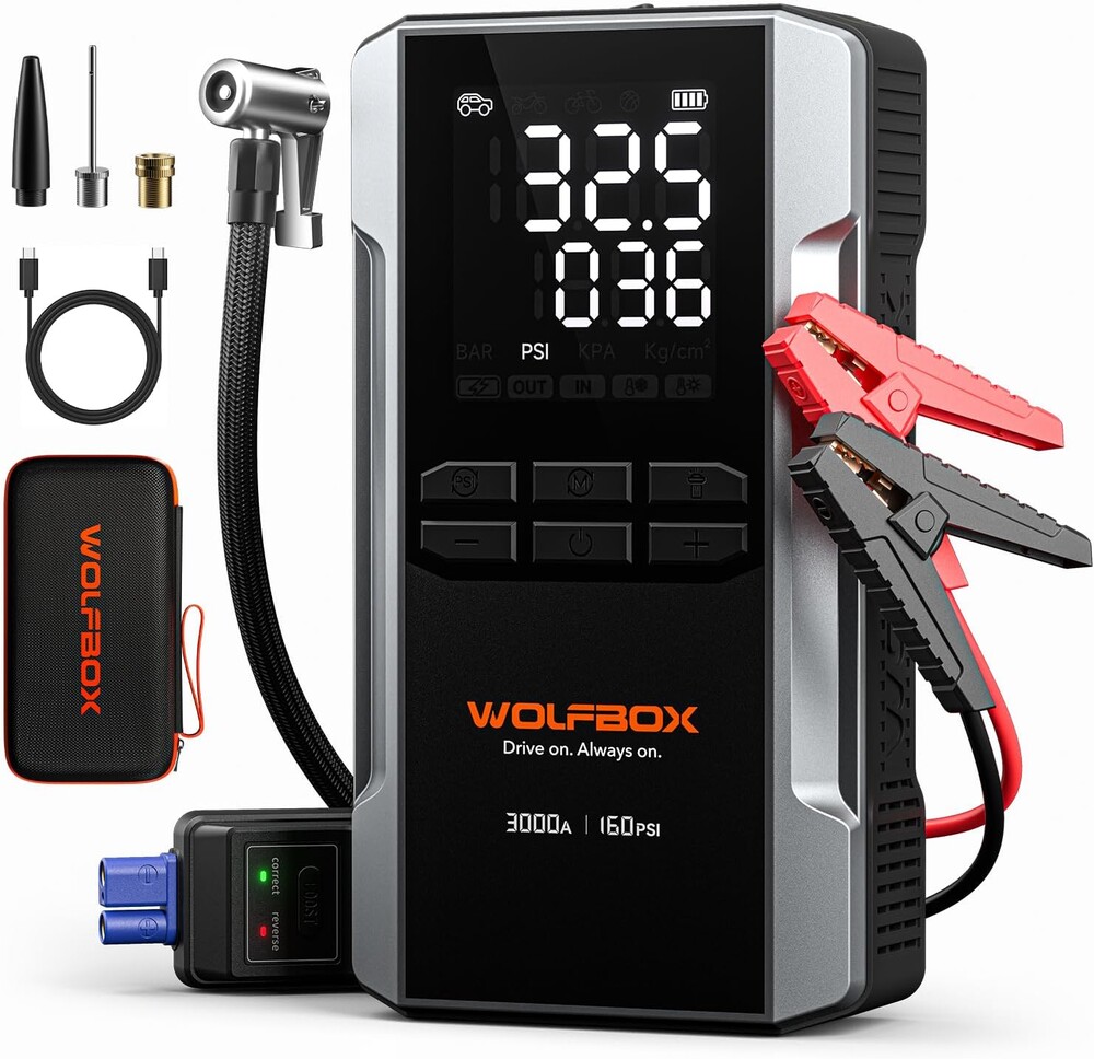WOLFBOX 3000A Jump Starter with Air Compressor, 59.2Wh&160PSI Portable Car Battery Jump Starter with 65W Fast Charging, 12V Battery Pack (8L Gas 6L Diesel Engine) with Boost, Light and Jumper Cables