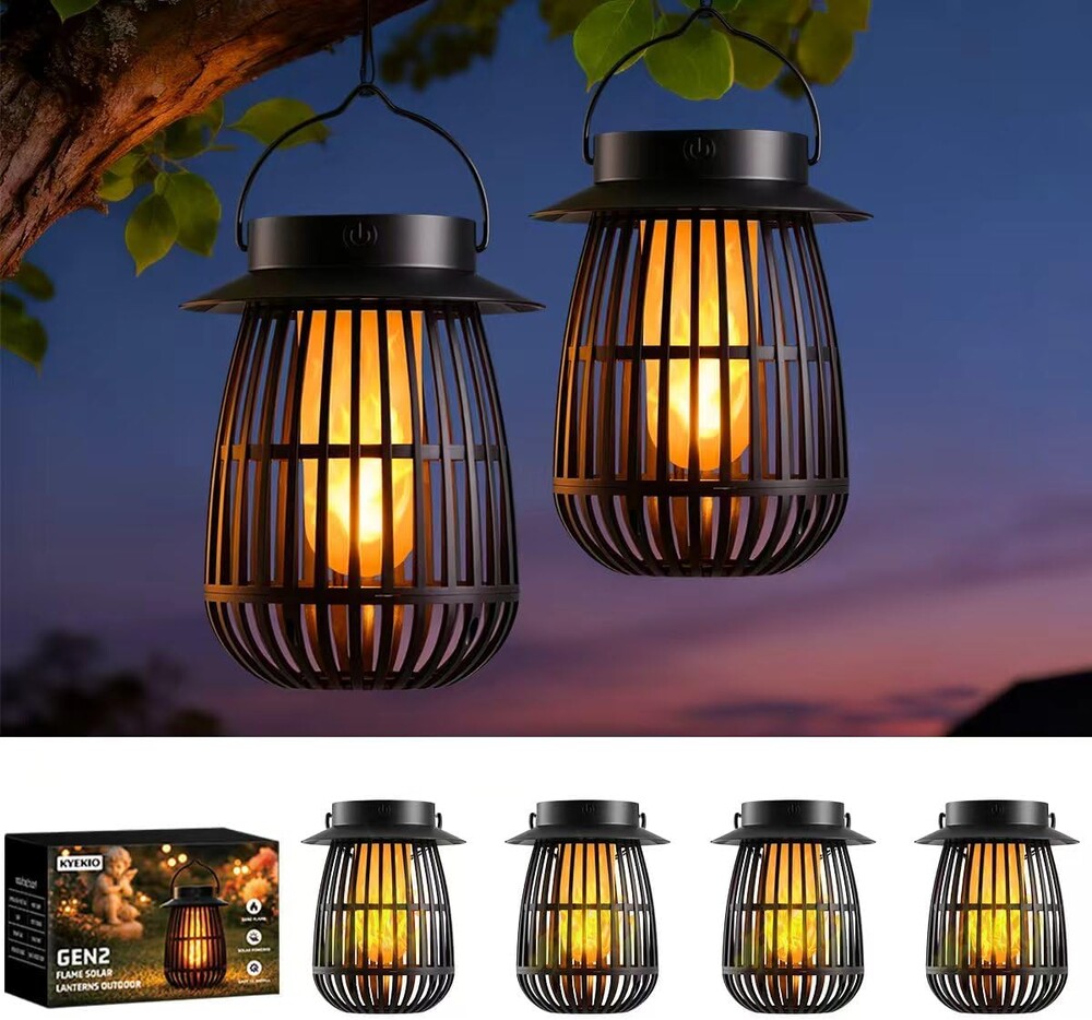 KYEKIO 4Pack Gen2 Flame Solar Lanterns Outdoor Waterproof, Solar Hanging Lantern Decorative, Flickering Flame Outdoor Lanterns Solar Powered, Lights for Yard Patio Garden Decor as Mothers Day Gifts