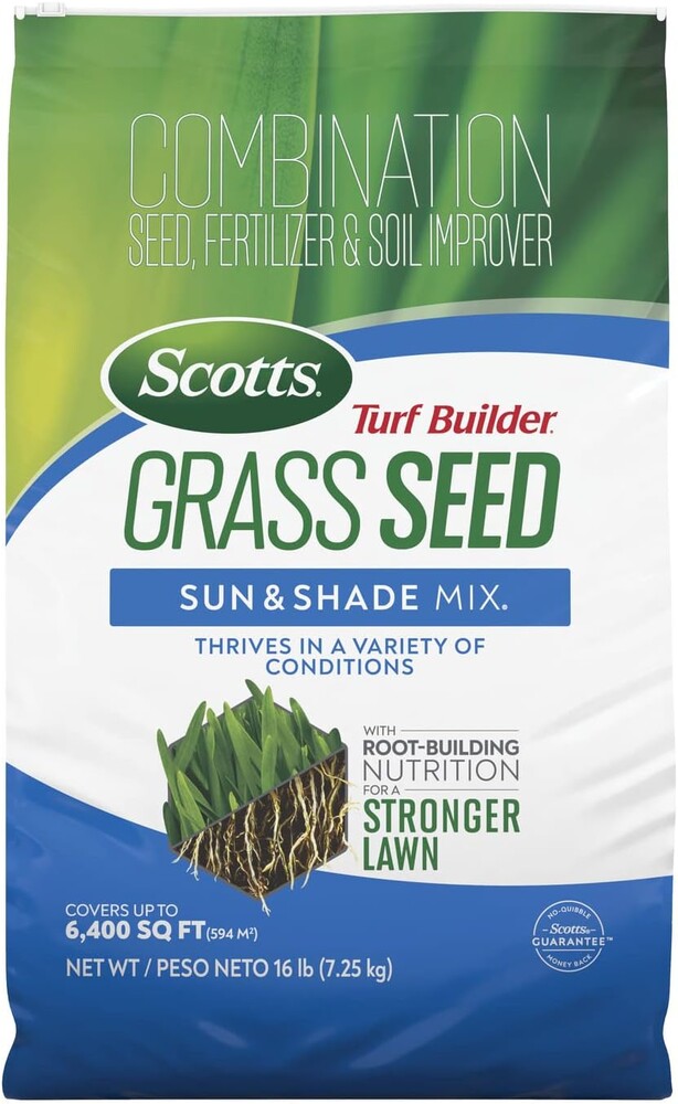 Scotts Turf Builder Grass Seed Sun and Shade Mix - Grass Seed Plus Lawn Fertilizer and Soil Improver, Covers Up to 6,400 sq. ft., 16 lb.