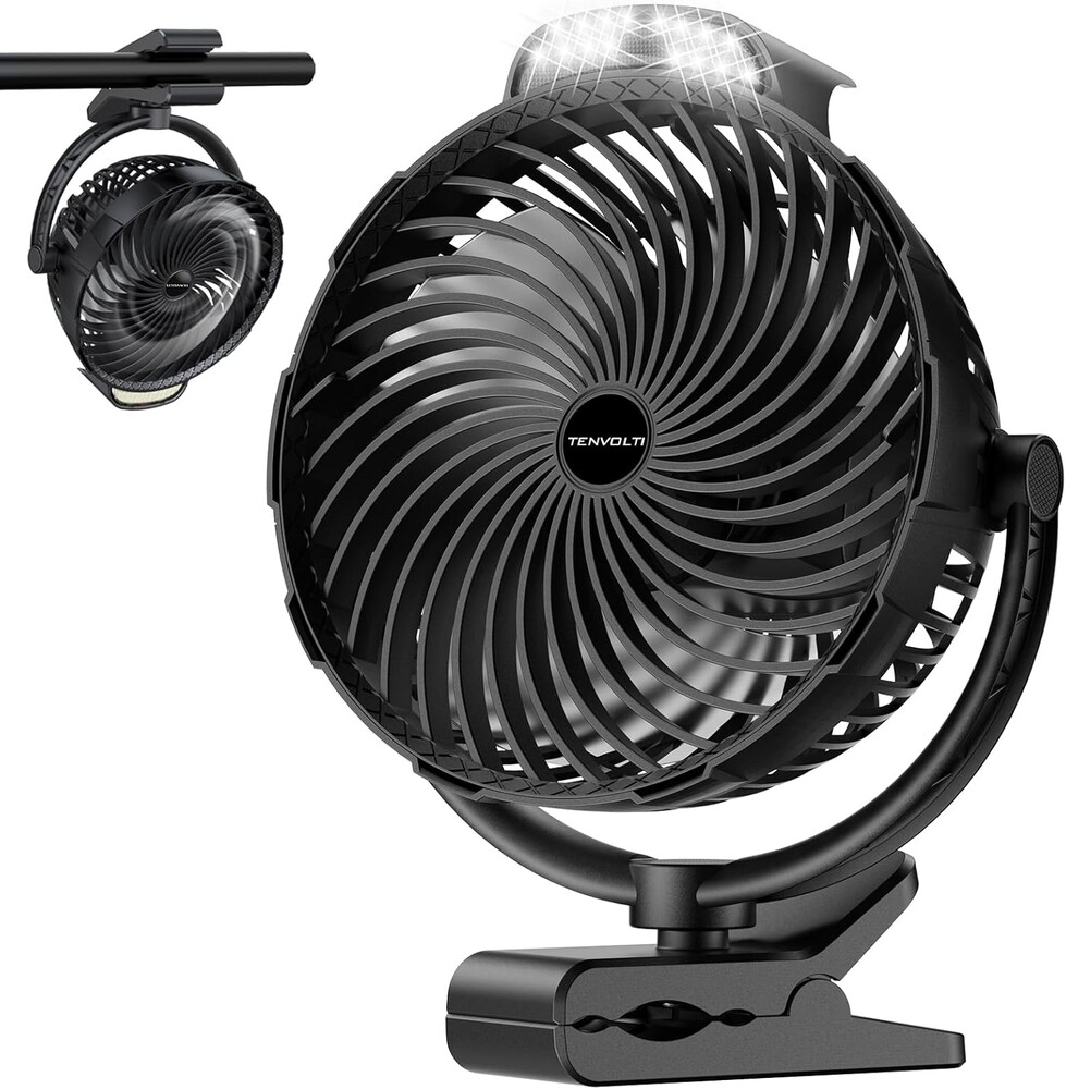 10000mAh Clip on Fan, 8-Inch Golf Cart Fan Rechargeable with LED Light, 9 Speeds Strong Airflow, Ultra Quiet, 30Hrs Runtime, 360° Rotation, Cooling for Bed Camping Office Desk Dorm, Black