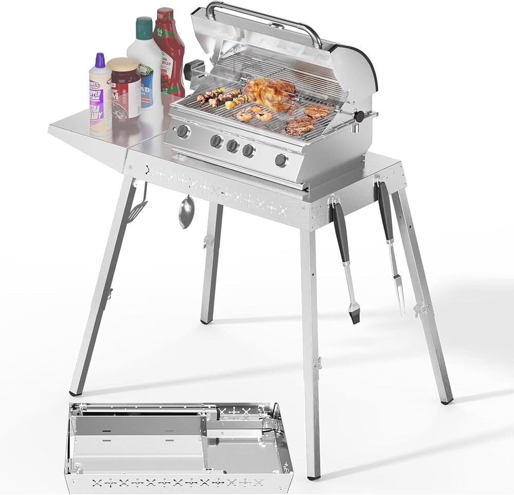 R.W.Flame 304 Stainless Steel BBQ Grill Table fits 20'' Tabletop Griddle, Adjustable Folding Grill Table,Outdoor Portable Camping Table for RV Picnic BBQ Beach