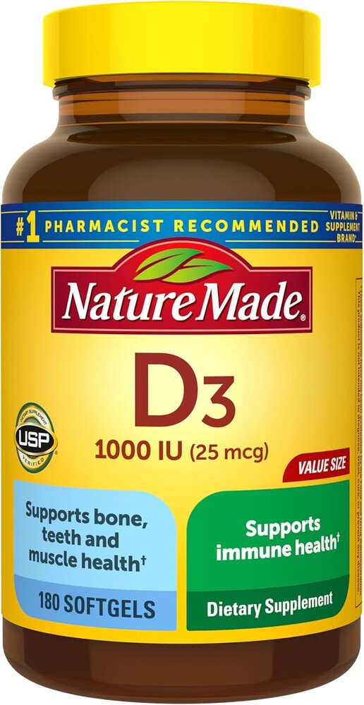 Nature Made Vitamin D3 1000 IU (25 mcg), Vitamin D Supplement for Bone, Teeth, Muscle and Immune Health Support, 180 Softgels, 180 Day Supply