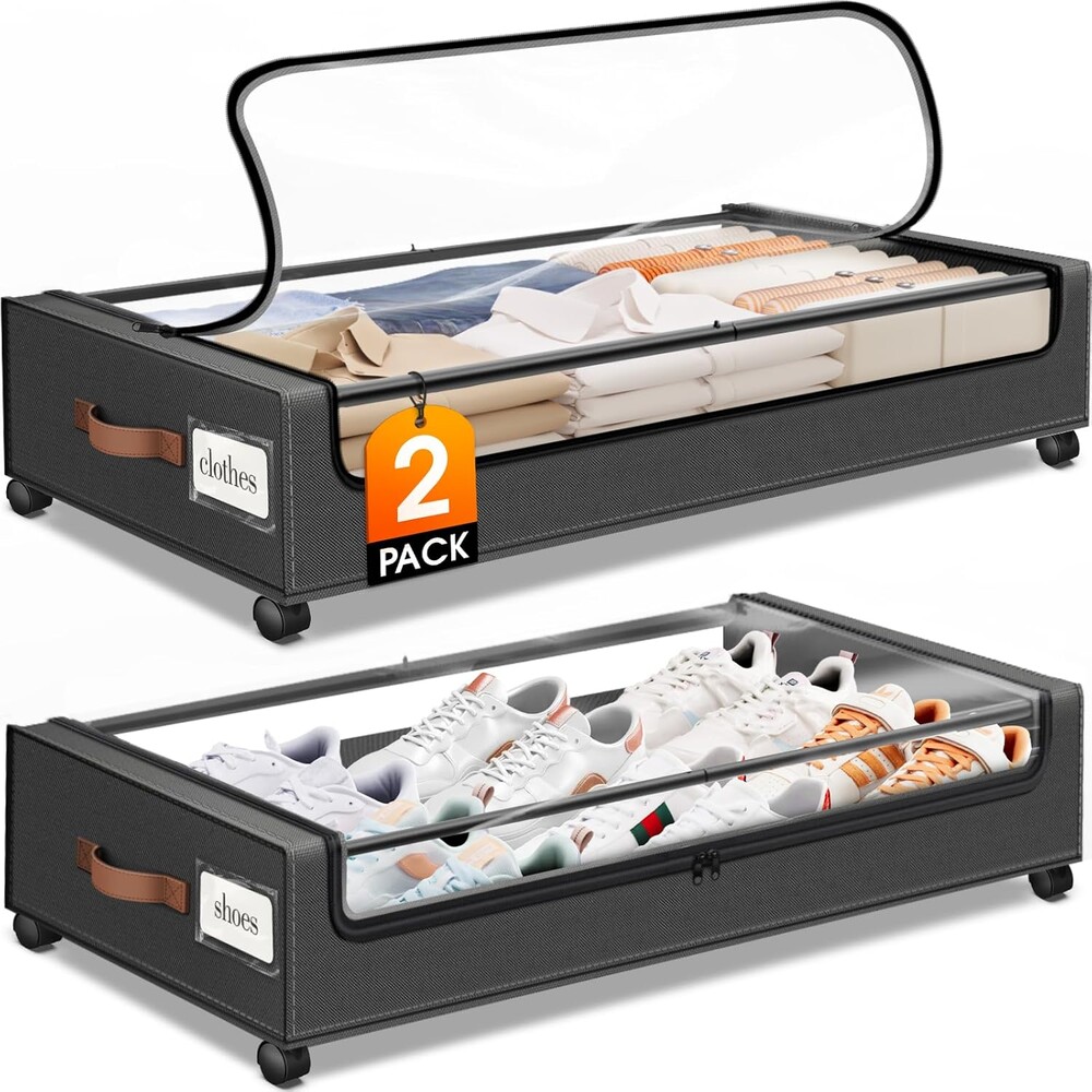 SpaceHacks Under Bed Storage with Wheels 2Pack Storage Containers with Clear Window&Label Under Bed Drawers Rolling Under Bed Storage for Clothes,Shoes, Blankets (30.71 x 16.93 x 6.69 in, Dark Grey)