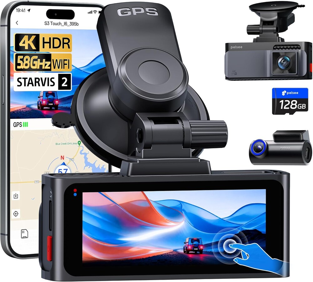 Pelsee S3 Touch 4K Dash Cam Front and Rear, STARVIS 2 Sensor, STARLIT™ Full Color Night Vision, 128GB Card, WiFi 6, ADAS, Dash Camera for Cars with 3.39"IPS Screen, Voice Control, 24H Parking Mode GPS