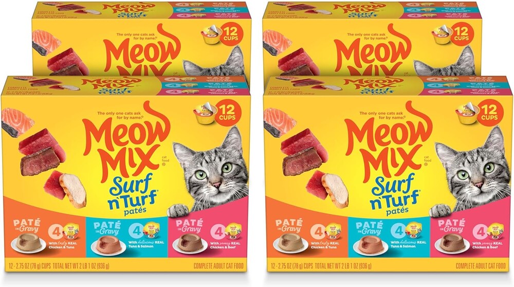 Meow Mix Paté in Gravy Wet Cat Food Variety Pack, Surf n’ Turf Patés 2.75 Ounce (Pack of 12)