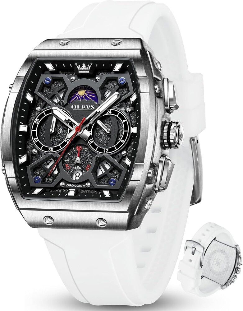 OLEVS Watches for Men Luxury Large Face Dress Men's Watches Silicone Strap Waterproof Chronograph Nice Analog Quartz Casual Mens Wrist Watch Relojes para Hombres(Black/Red/White Strap)
