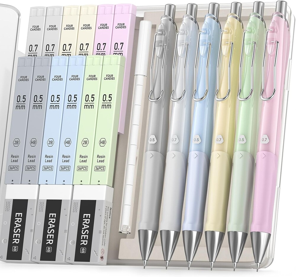 Four Candies Pastel Mechanical Pencil Set,6PCS Cute Mechanical Pencils with 432PCS 0.5 & 0.7 mm HB/2B Leads, 3PCS Erasers, 9PCS Eraser Refills,School Supplies for Writing, Drawing & Sketching