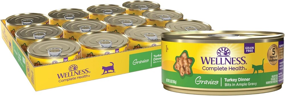 Wellness Complete Health Gravies Adult Canned Wet Cat Food, Natural, Protein Rich, Grain Free, Turkey Dinner Recipe, 5.5 oz, Pack of 12 Cans