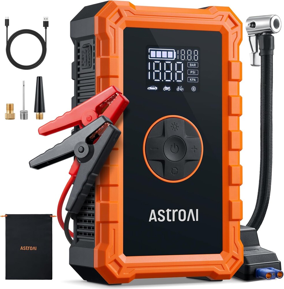 AstroAI S8 Air Jump Starter with Air Compressor, 3000A Peak Car Battery Jump Starter Portable (9.0 Gas/6.5L Diesel) with 150PSI Cordless Auto-Shutoff Tire Inflator, 12V Battery Charger Booster(Orange)