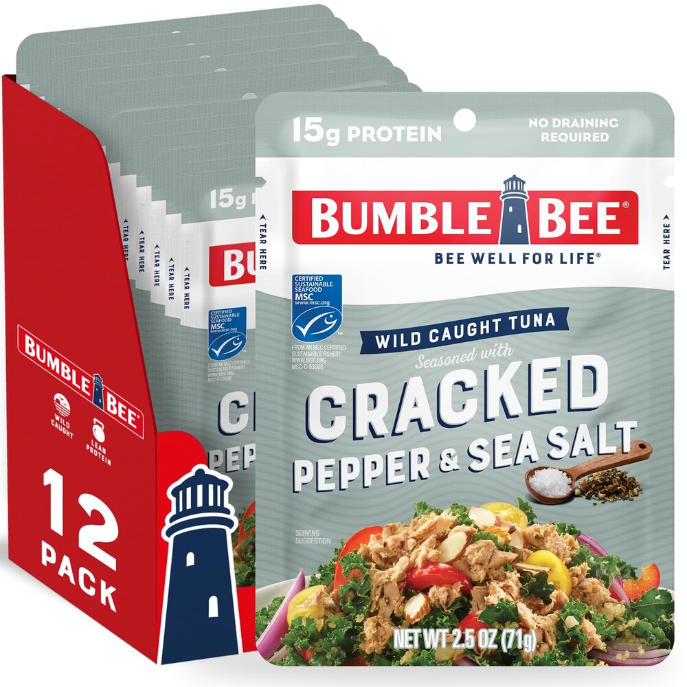 Bumble Bee Cracked Pepper & Sea Salt Seasoned Tuna Pouch - Wild Caught and Ready to Eat for Snack, Salad, Korean Tuna Bowl - 15g Protein per Serving - 2.5 oz Packet (Pack of 12)