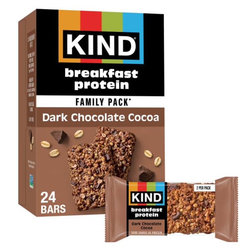 KIND Breakfast Protein Bars, Dark Chocolate Cocoa, Gluten Free, Low Sodium, Healthy Snacks, 8g Protein, 12 Count (12 Packs of 2 Bars)