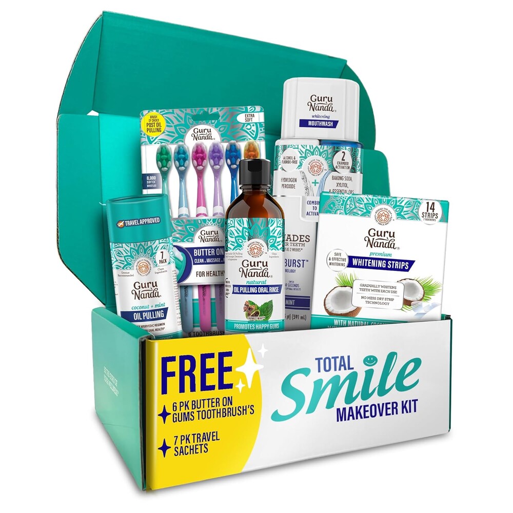 GuruNanda Total Smile Makeover Kit Regular with Cocomint Oil Pulling, Dual Barrel Whitening Mouthwash, Whitening Strips & Butter on Gums Toothbrushes