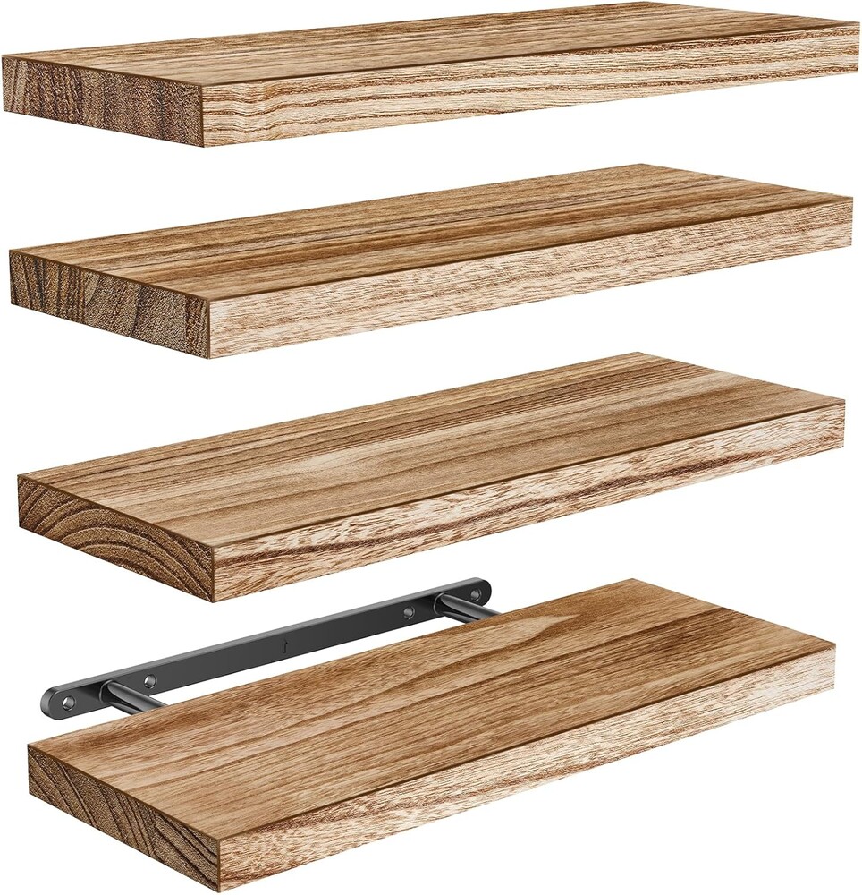 AMADA HOMEFURNISHING Floating Shelves, Paulownia Wood Wall Shelves for Living Room/Bedroom/Kitchen/Home Office, Wood Floating Shelf for Home Storage & Organization Set of 4 15.75" L x 5.91" W x 0.98"H