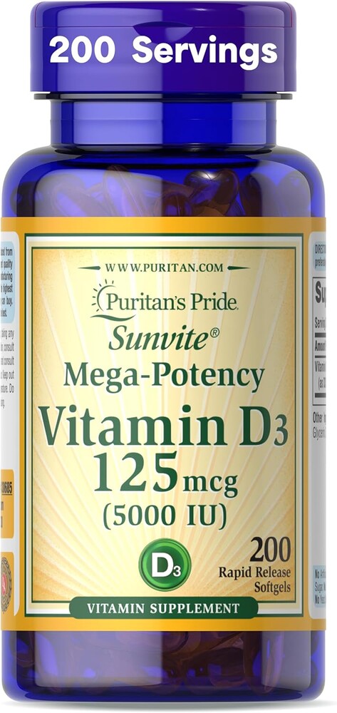 Puritan's Pride Premium Sunvite™ Mega-Potency Vitamin D3 5,000 IU, Dietary Supplement for Healthy Bones, Teeth, and Immune System Support, 200 Rapid Release Softgels (Packaging May Vary)
