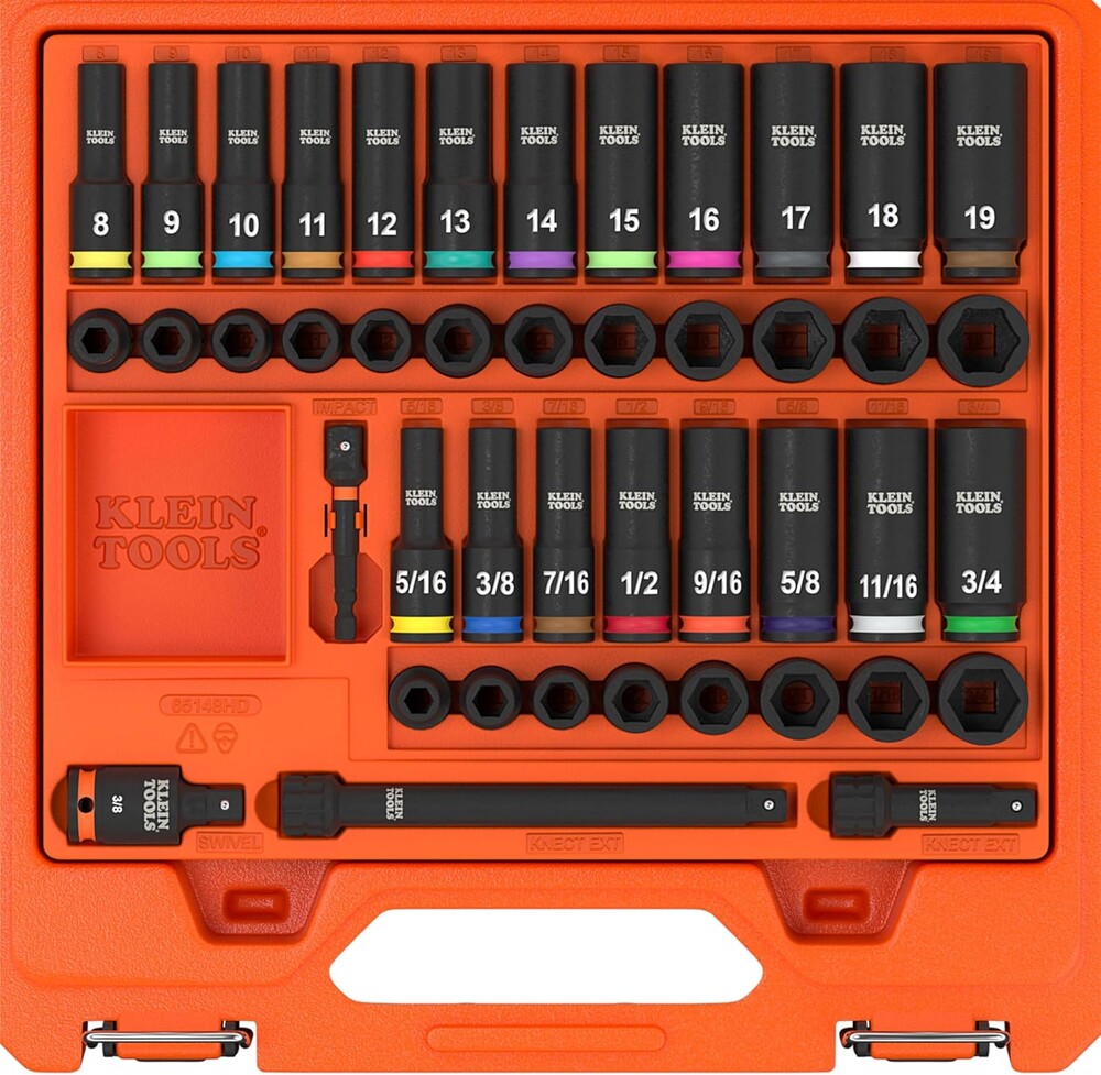 Klein Tools 65148HD KNECT Deep-Well and Shallow Impact Socket Set, 3/8-Inch Drive, SAE and Metric, 44-Piece Tool Set, Impact Driver, Swivel Adapter, Wrench Extensions, Removable Socket Organizer