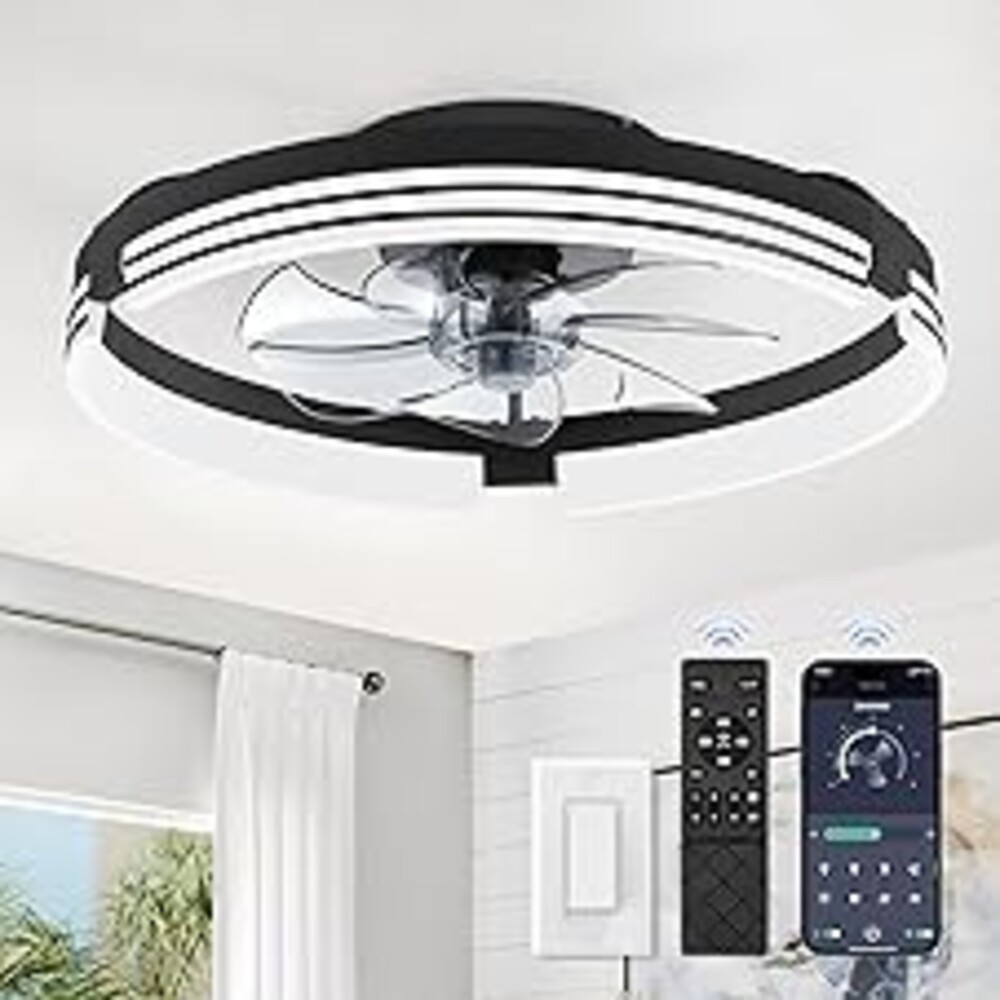 ZMISHIBO Low Profile Ceiling Fans with Lights and Remote, 20 Inch Flush Mount Ceiling Fan with Light, 3000K-6000K Dimmable Fandelier LED Fan Light, 6 Wind Speeds Black Ceiling Fans for Bedroom