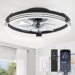 ZMISHIBO Low Profile Ceiling Fans with Lights and Remote, 20 Inch Flush Mount Ceiling Fan with Light, 3000K-6000K Dimmable Fandelier LED Fan Light, 6 Wind Speeds Black Ceiling Fans for Bedroom
