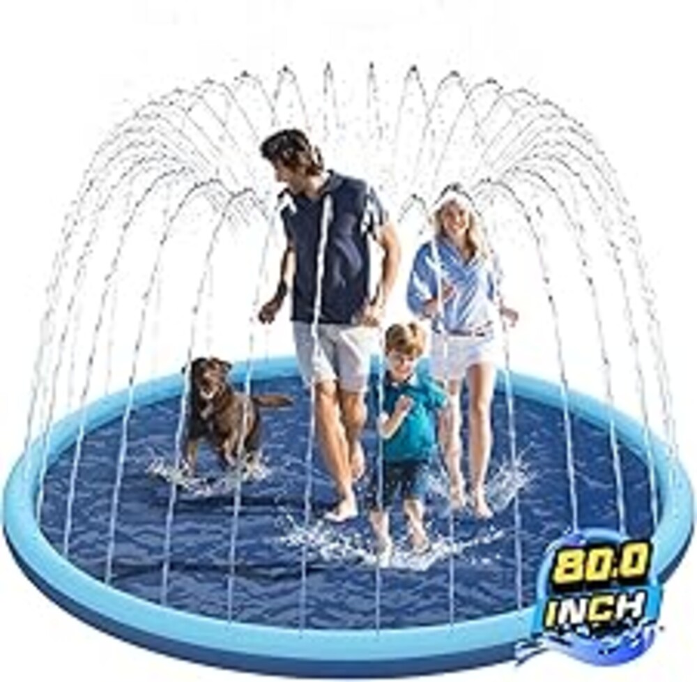Non-Slip Splash Pad for Kids and Dog, 80" Extra Large Baby Play Mat, Dog Pool Toys, Thicken Sprinkler Pool Summer Outdoor Water Toys for Ages 3-12 Boys Girls, Parent-Kids &Games Fun Backyard (Blue)