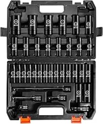 BOEN 35-Piece 1/2" Drive Deep Impact Socket Set - SAE 3/8"-1-1/4" & Metric 8-24mm, Extensions, Joint & Adapter, Cr-V Steel, Double Lock Case