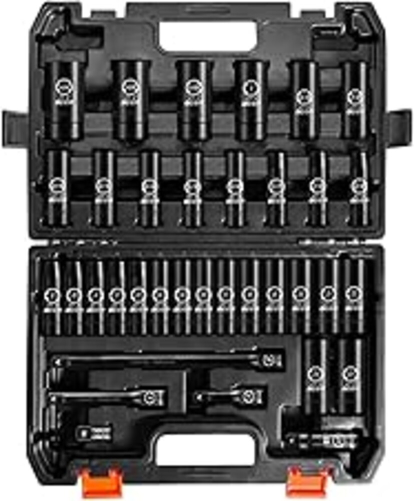 BOEN 35-Piece 1/2" Drive Deep Impact Socket Set - SAE 3/8"-1-1/4" & Metric 8-24mm, Extensions, Joint & Adapter, Cr-V Steel, Double Lock Case