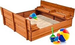 Best Choice Products Large Outdoor Wooden Sand Box for Kids, Sandbox with Cover, Bench Seats Support up to 220 lbs, Bottom Liner for Drainage, Cedar Wood - Brown