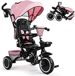 TODEFULL Folding Kids Tricycle, 8 in 1 Toddler Trike W/Removable & Adjustable Canopy, Parent Handle, 5-Piont Harness, Toddler Bike Tricycle for Kids 1-6 Years, EVA Wheels, Storage Basket, Pink