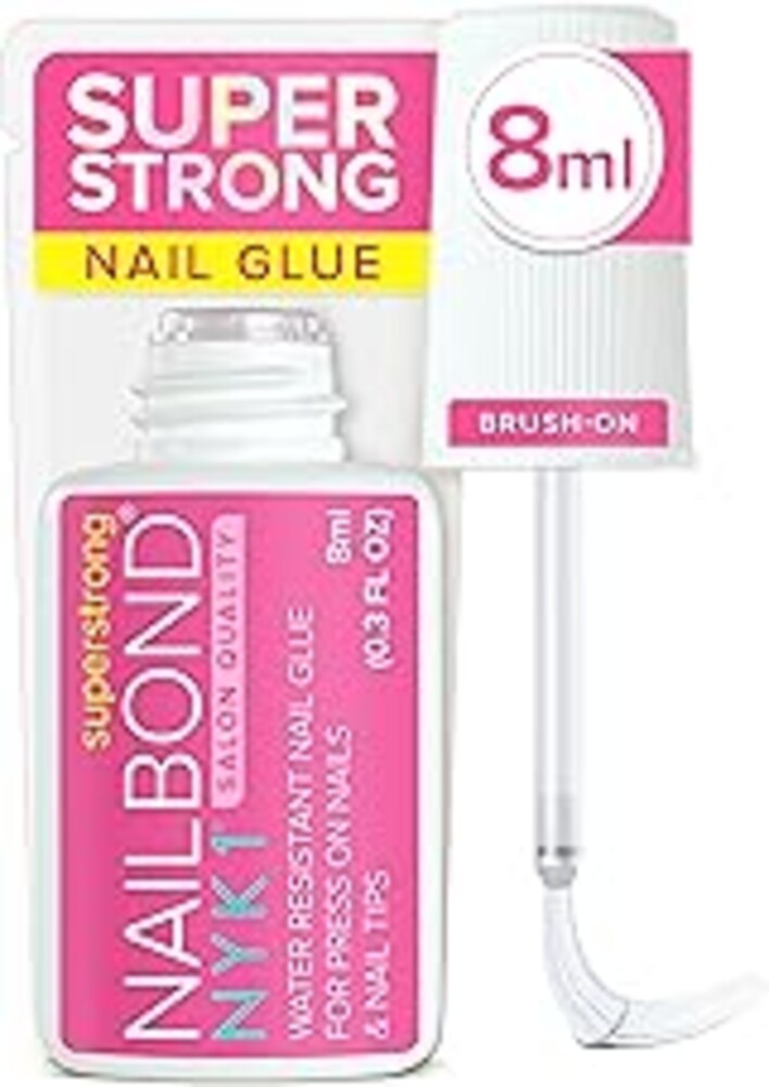 Super Strong Nail Glue for Press On Nails, Nail Tips & Acrylic Nails (8ml) NYK1 NailBond Brush On Glue for Press Ons, Tips & Acrylics - Long Lasting, Maximum Strength, Mess-Free Application
