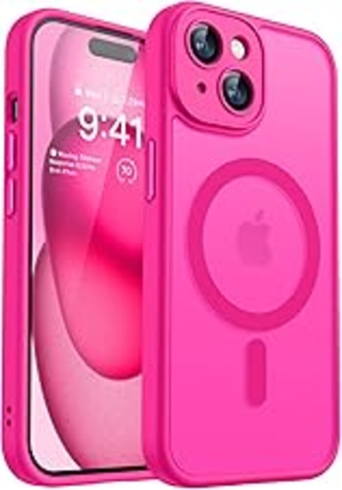 CANSHN Magnetic for iPhone 15 Case, Upgraded [Full Camera Protection] [Compatible with Magsafe] [Translucent Matte] Shockproof Protective Phone Case for iPhone 15 6.1" - Hot Pink