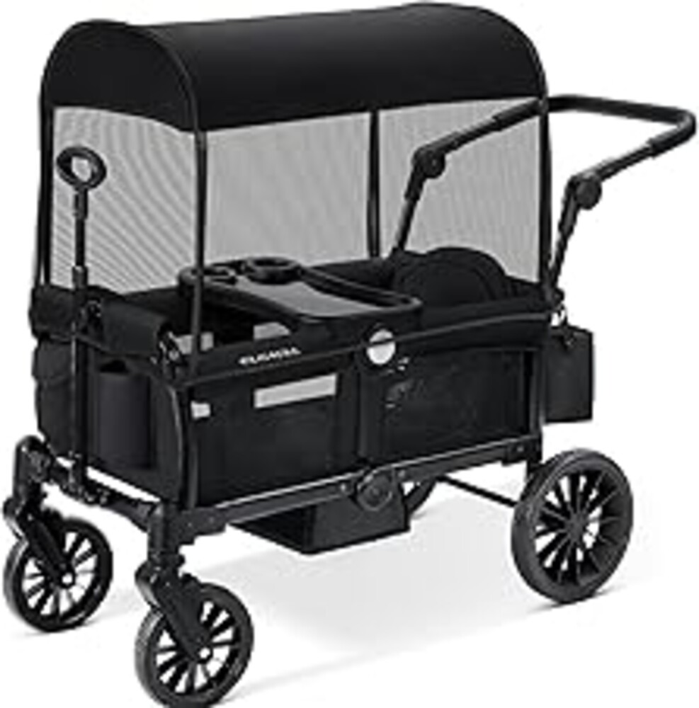 ELEMARA Stroller Wagon, 2 Seat Stroller for 2 Kids, Premium All Terrain Stroller for Kids w/Removable Canopy, Adjustable Push/Pull Handle, Large Storage Bag, Black