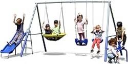 Sportspower Taylor 700lbs Galvanized Metal Swing Set for Kids for Backyard & Outdoors with Teeter-Totter, Saucer & Standing Swings, & 5ft Slide, 7.55' D × 13.88' W × 6.07' H, Bonus Anchor Kit