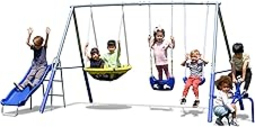 Sportspower Taylor 700lbs Galvanized Metal Swing Set for Kids for Backyard & Outdoors with Teeter-Totter, Saucer & Standing Swings, & 5ft Slide, 7.55' D × 13.88' W × 6.07' H, Bonus Anchor Kit