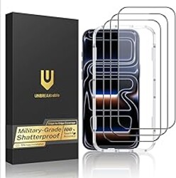UNBREAKcable for iPhone 17 Pro Screen Protector, 3-Pack Full Coverage Tempered Glass [Military Grade Shatterproof] [9H Hardness] [Easy Installation] [Bubble Free] [99.99% HD Clear] for iPhone 17 Pro