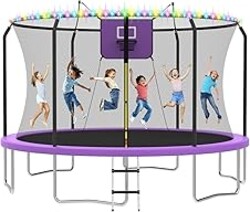 14FT Outdoor Trampoline with Basketball Hoop and LED Lights, ASTM Approved Recreational Trampolines for Kids and Adults with Safety Enclosure Net and Ladder