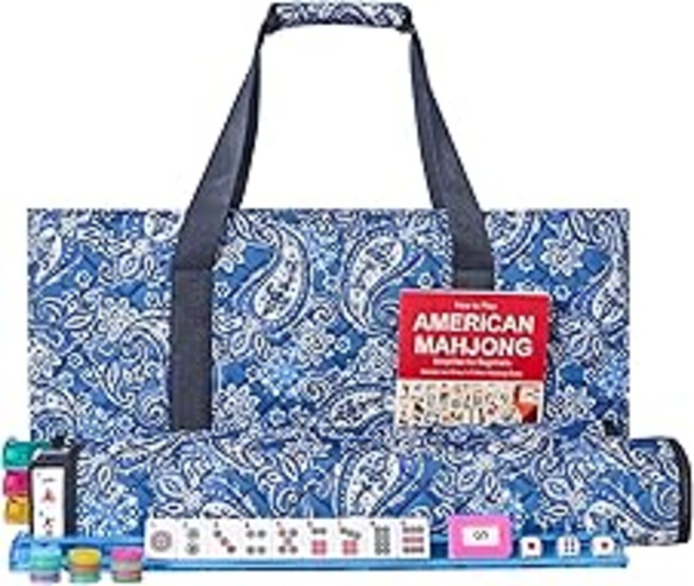 GUSTARIA American Mahjong Game Set, 166 Quality White Tiles, 4 All-in-One Color Rack/Pushers, Mahjong Tile Set with Blue Printed Carrying Bag