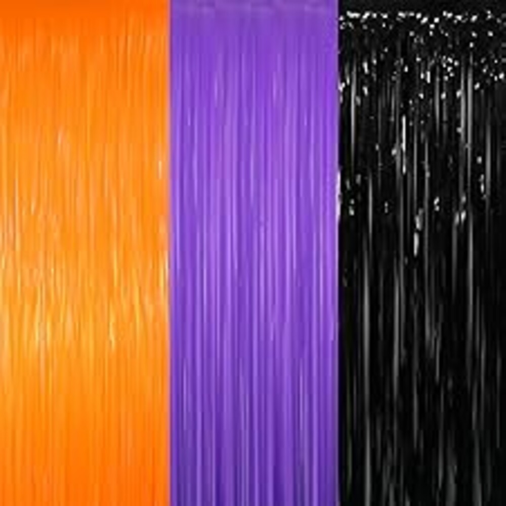 GOER 3.2 ft x 8.2 ft Metallic Tinsel Foil Fringe Curtains for Halloween Birthday Graduation New Year's Party Decorations(1 Pack,Black&Orange&Purple)