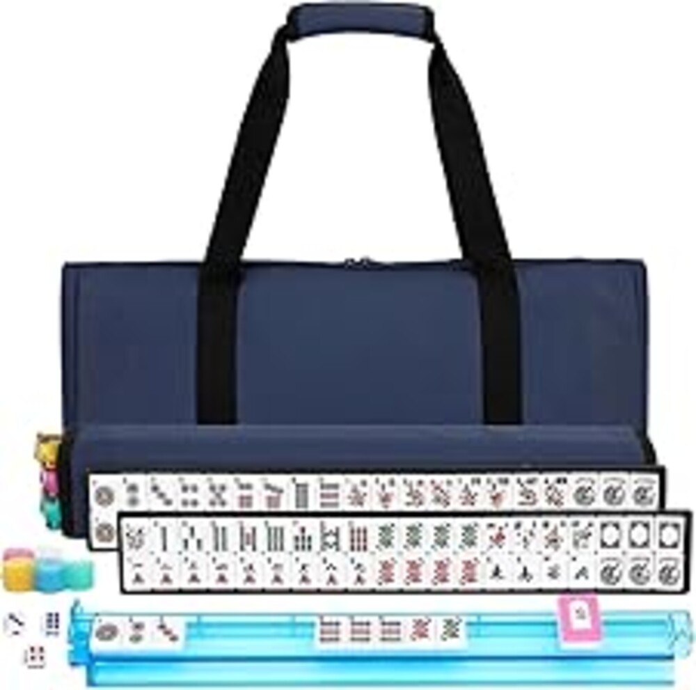 Marllifenney American Mahjong Tile Set,166 White Tiles Mahjong Set,4 Colors Mahjong Racks,Travel Mahjong Set with Blue Carrying Bag
