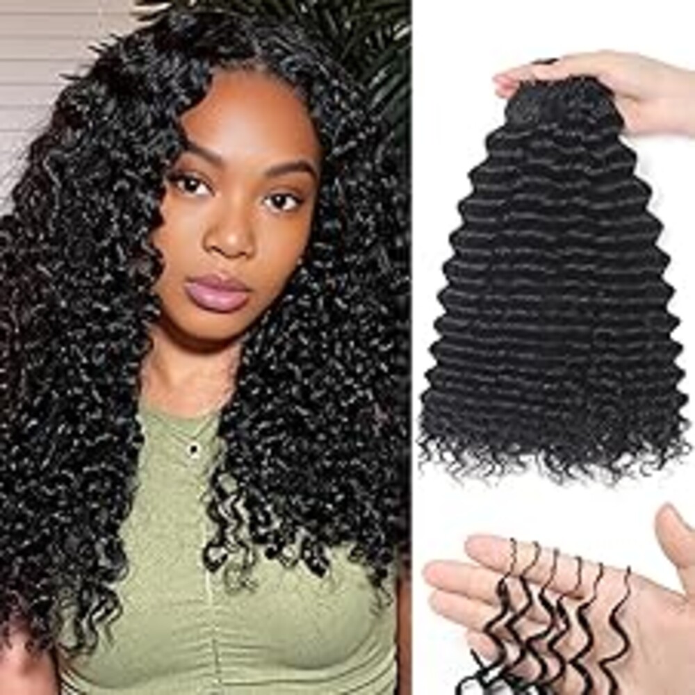 Human Crochet Hair for Black Women 200g 18 Inch Deep wave Crochet Human Hair Bundles Pre-Separated Feather Crochet Human Hair Deep Wavy Invisible Crochet Hair Extensions 160 Strands Natural Black
