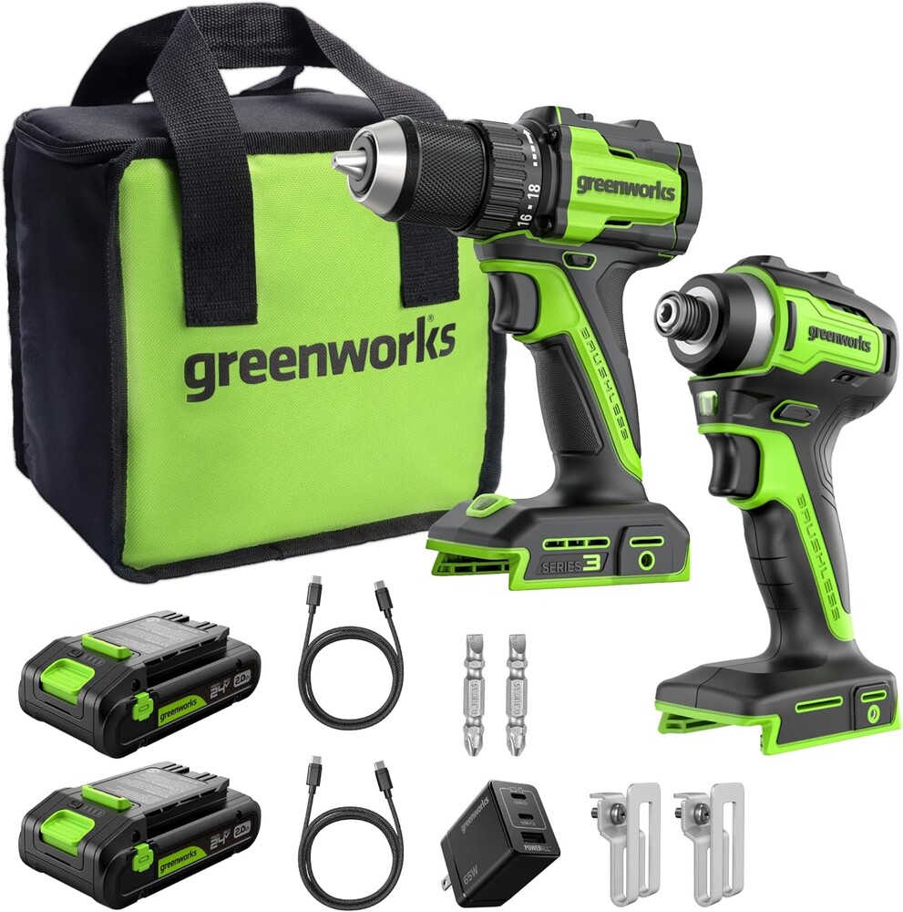 Greenworks 24V Cordless Brushless 400 in-lbs Drill/Driver+1950 in-lbs Impact Driver Combo,High Torque, Lightweight, (2) 2.0Ah USB-C Batteries(12,000mAh Power Bank) and 65W USB-C Fast Charger(3-Port)