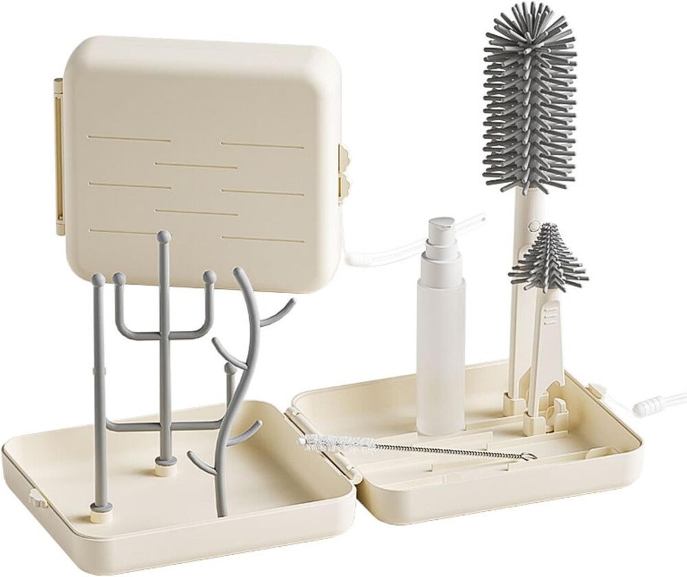 6-in-1 Baby Bottle Brush Set with Nipple Brush, Silicone Bottle Brush,Straw Brush, Soap Dispenser, Drying Rack, Portable Travel Cleaning Kit for Newborn Care with Baby Essential