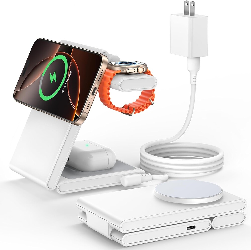 3 in 1 Magnetic Foldable Wireless Charging Station for Multiple Apple Devices, Compatible with MagSafe, for iPhone 17 Pro Max/16/15/14/13/12 Series, Apple Watch 11/Ultra 3, AirPods Pro 3, White