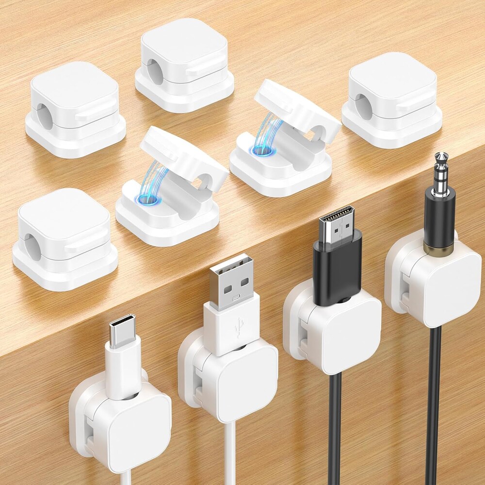 10 Pack Magnetic Cable Clips, Cord Organizer Holder with Strong Adhesive, Desk Cable Management for Home Office Car Desktop Nightstand, Adjustable Wire Keeper (White)