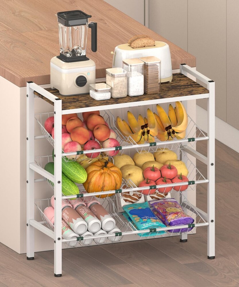 Kitchen Fruit and Vegetable Storage Rack, 4-Tier Fruit Basket Stand, Freestanding Snack Display Organizer Shelf, Small Kitchen Island with Wood Top for Pantry, Office, Living Room, White