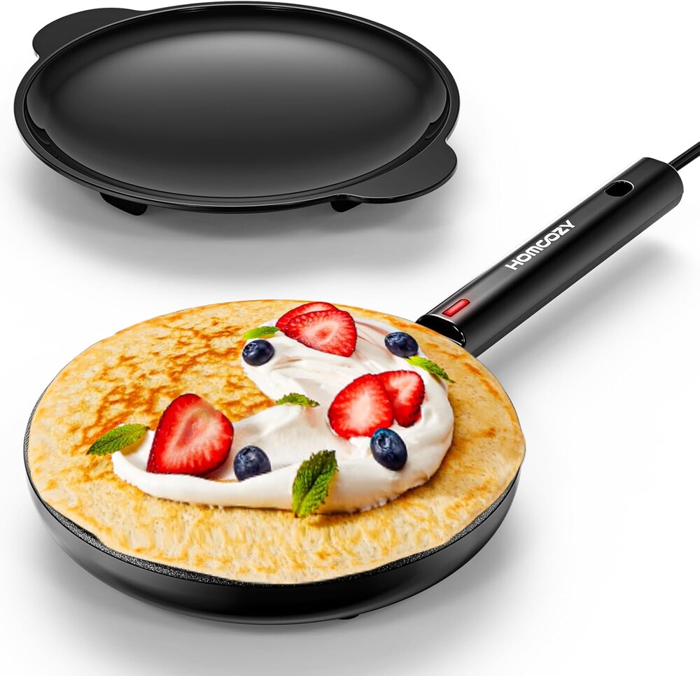 Electric Crepe Maker Machine, Homcozy Instant Crepe Maker with Handle, 8 Inch Non-Stick Coating Crepe Pan, Auto Temperature Control for Crepes, Pancakes, Bacon, Tortilla