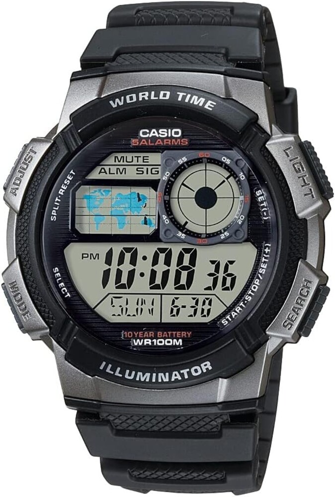Casio AE1000W Series | Men’s Digital Watch | 100M WR | Multi Alarms | 100 SEC Stopwatch | Countdown Timer | World Map for World Time | LED Light | LC Analog Display | 10 Year Battery