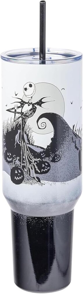 Silver Buffalo Disney Nightmare Before Christmas by Tim Burton Jack Skellington Hill and Moon Double Walled Stainless Steel Tumbler with Handle and Straw, Fits in Standard Cup Holder, 40 Ounces