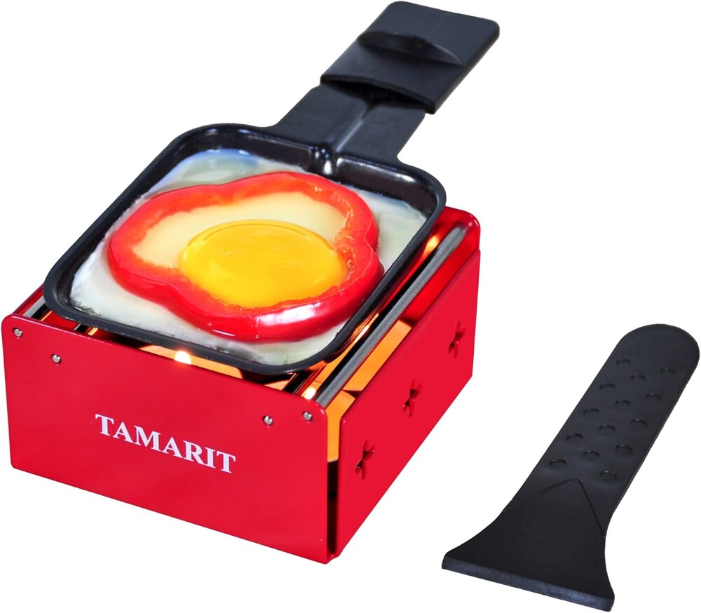 TAMARIT Personal Raclette Grill- Portable Candlelight Raclette Cheese Melter with Non-Stick Pan & Spatula - Small Raclette Machine for One Person, Picnic, Camping & Home, Red