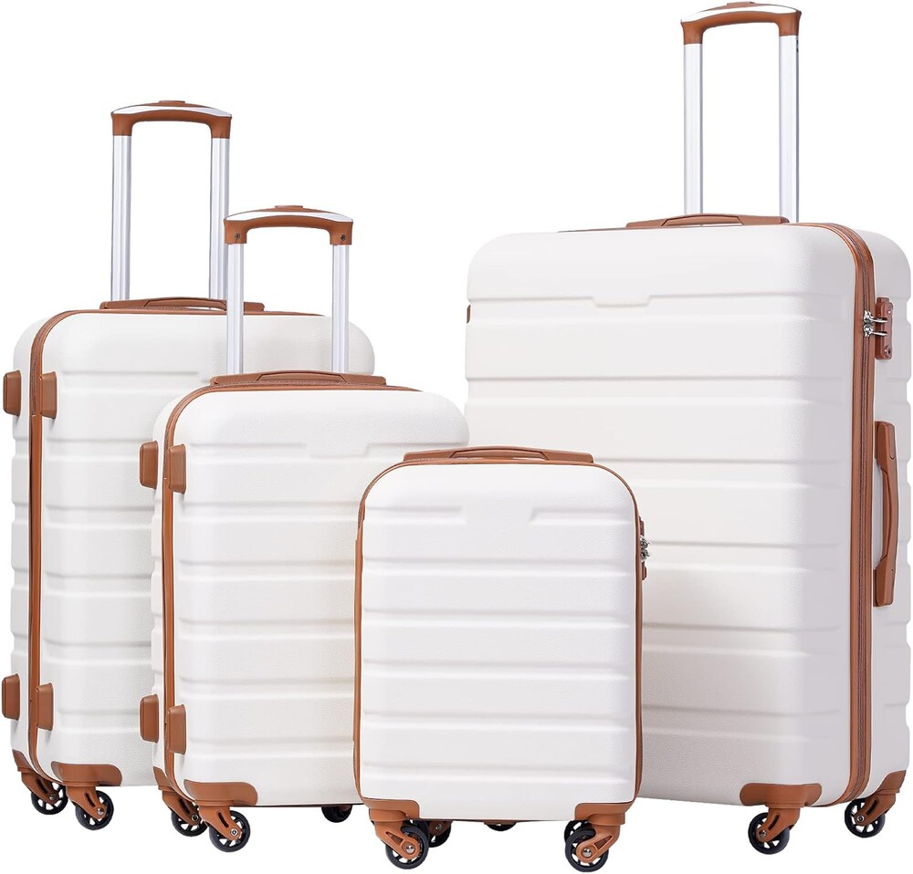 Coolife Luggage 3 Piece Set, Lightweight Durable Hardshell Suitcase set with 360° Spinner Wheels, TSA-approved Lock, Checked Family Travel Luggage sets, 16/20/24/28 Inch, Apricot White