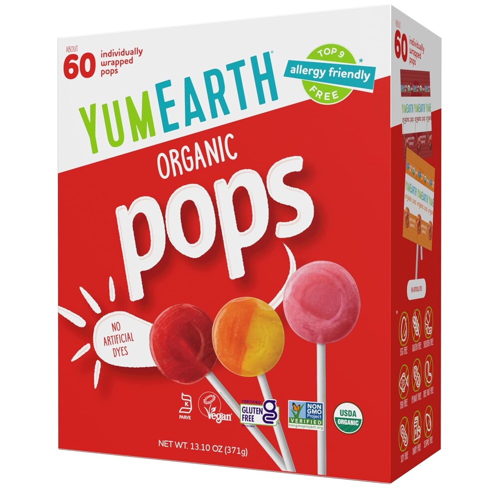 YumEarth Organic Pops Variety Pack, 60 Fruit Flavored Favorites Lollipops, Allergy Friendly, Gluten Free, Non-GMO, Vegan, No Artificial Dyes