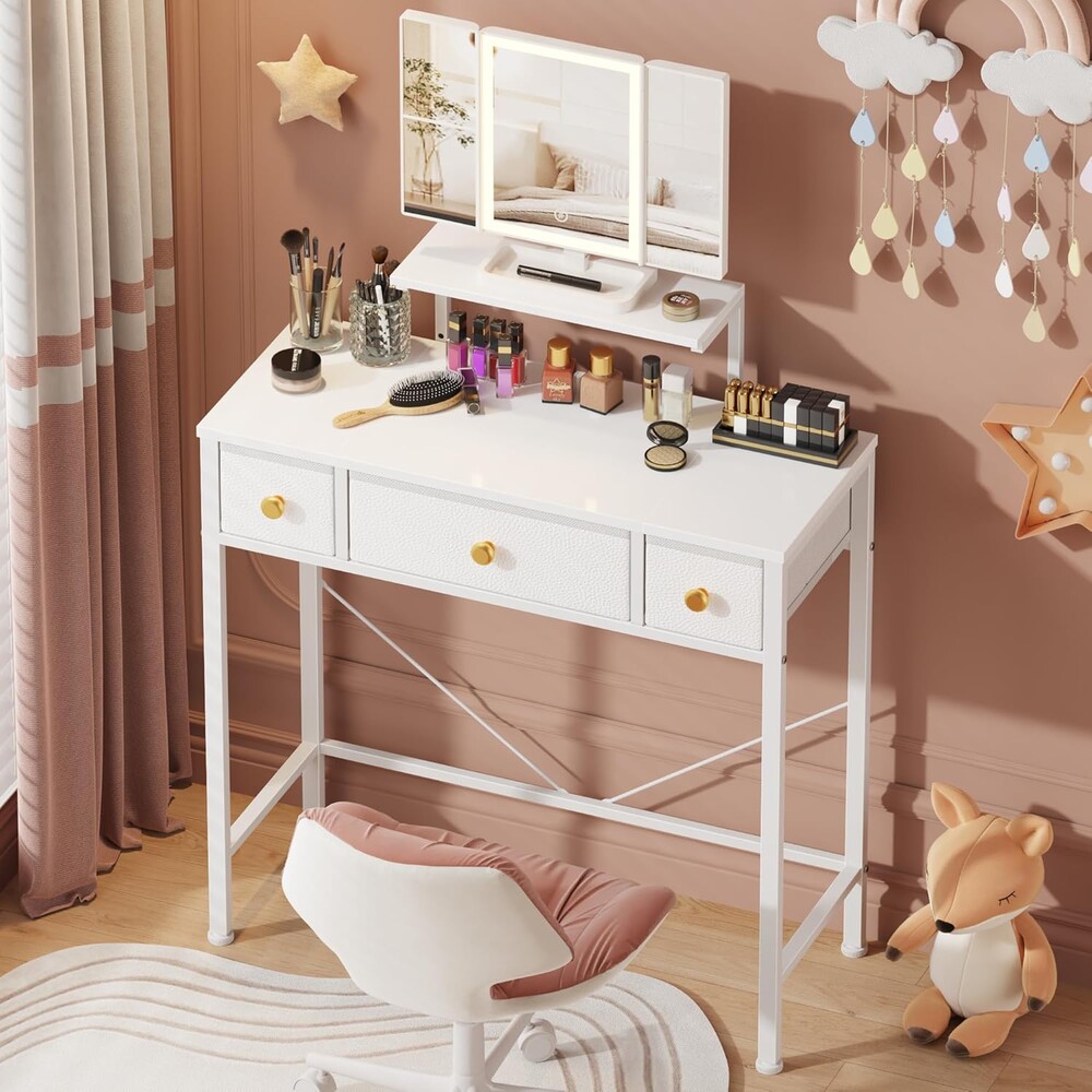HIGDBFE Small Makeup Vanity Desk 27.5''W with Mirror and Lights, Vanity Desk with 3 Fabric Drawers and Height-Adjustable Stand, Vanity Table for Girls Gifts, Bedroom and Small Spaces, White